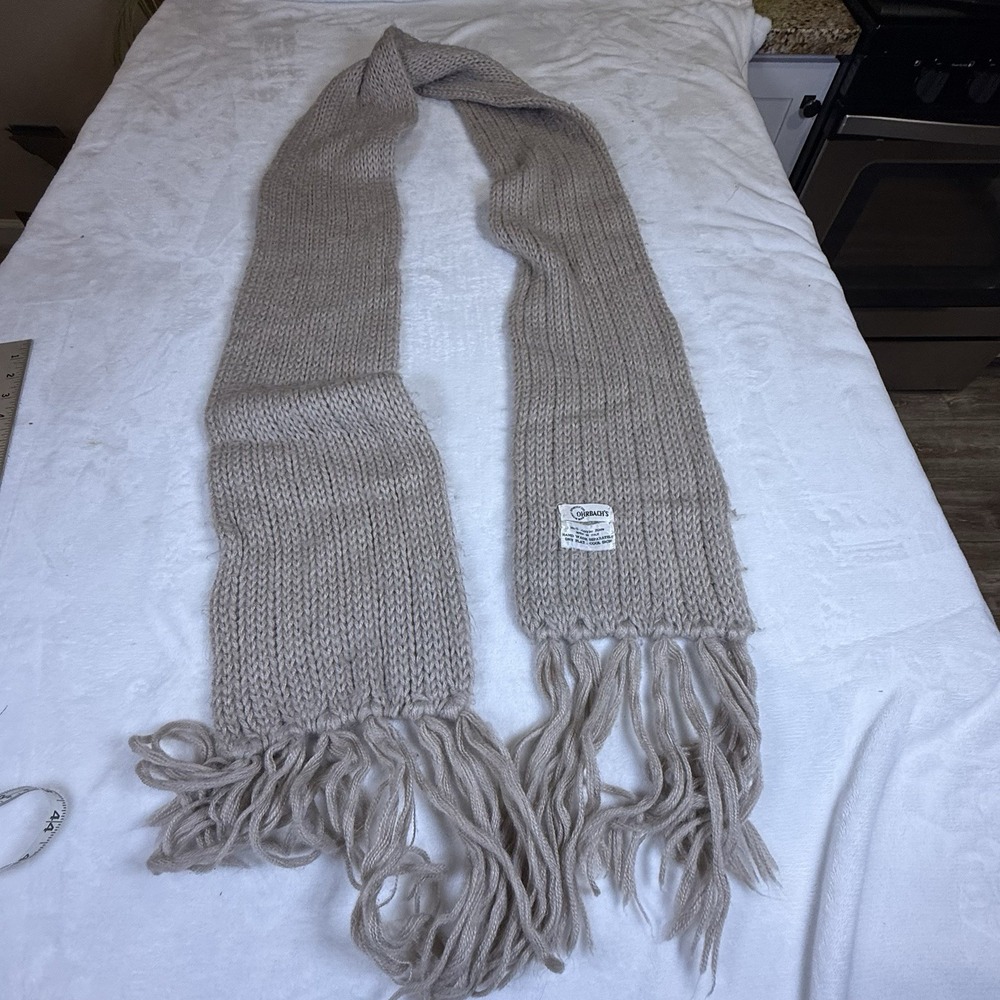 Vintage Ohrbach’s Italy Knit Scarf Taupe Gray Fringe 100% Acrylic Winter